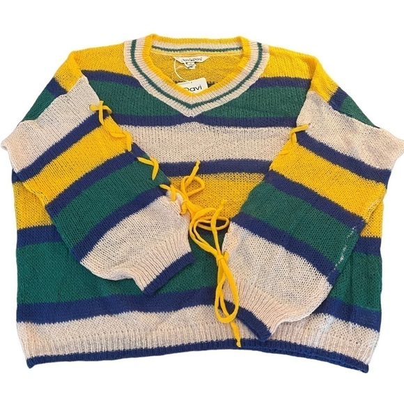 𝅺davi & Dani V Neck Pullover Sweater Sheer Yellow Green Blue White - Picture 1 of 4